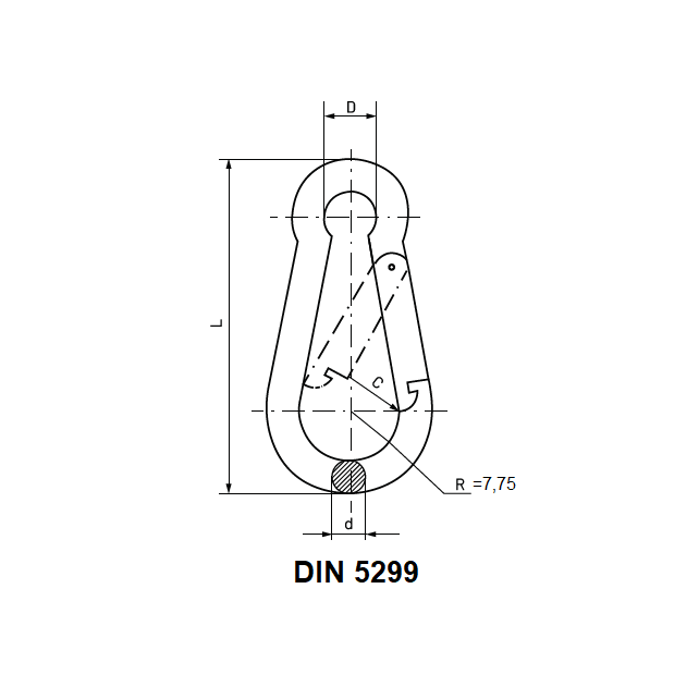 Karabinhage, syrefast stål, tråddiameter=5mm, L=50mm