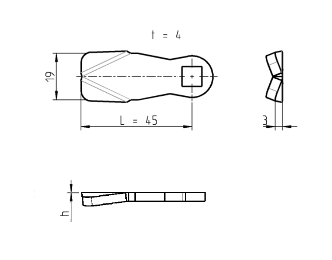 Tunge, standard, stål, L=45, B=19, offset højde=0 mm