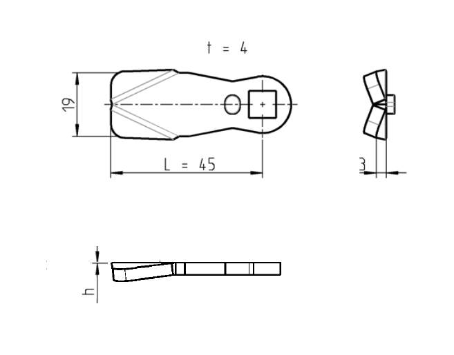 Tunge, standard, rustfrit stål, L=45, B=19, offset højde=0 mm