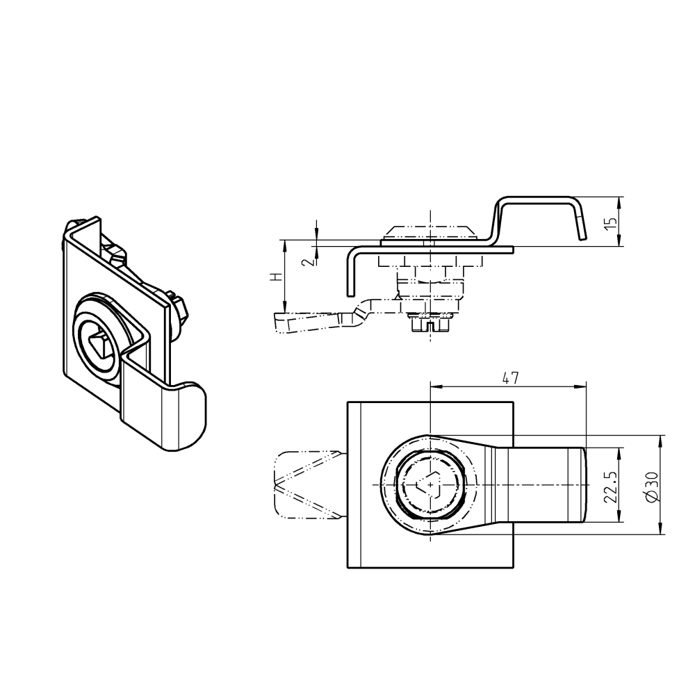 Åbningsgreb, stål, L=47, H=15, offset=-2