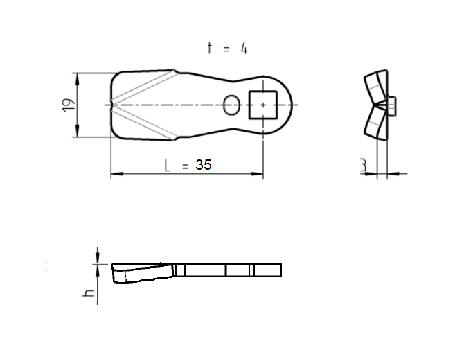 Tunge, standard, stål, L=35, B=19, offset højde=0 mm