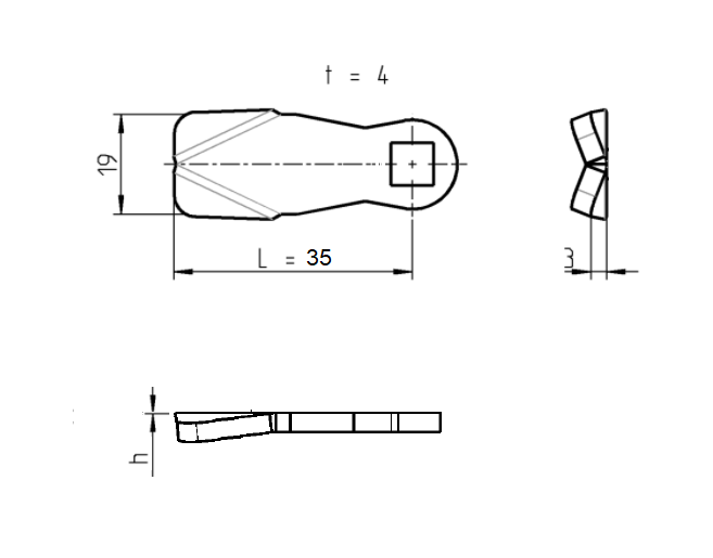 Tunge, standard, stål, L=35, B=19, offset højde=0 mm
