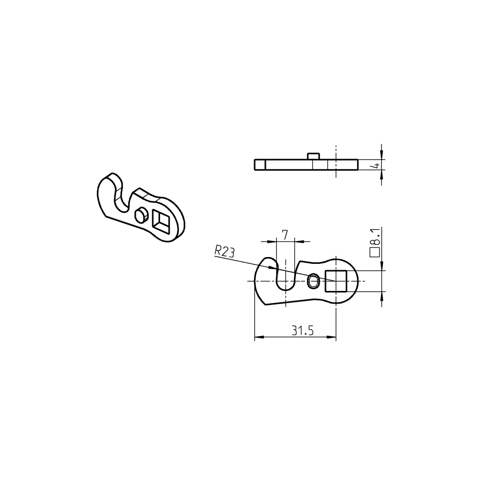 Tunge, krog, stål, L=31,5, B=, offset højde=0 mm.