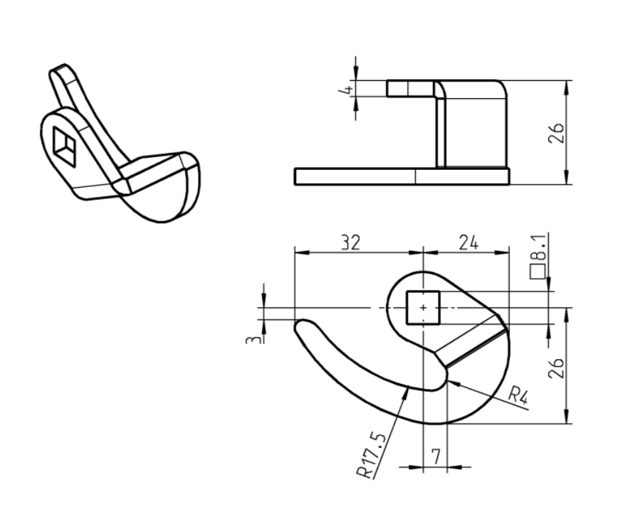 Tunge, krog, stål, L=32, B=26, offset højde=22 mm