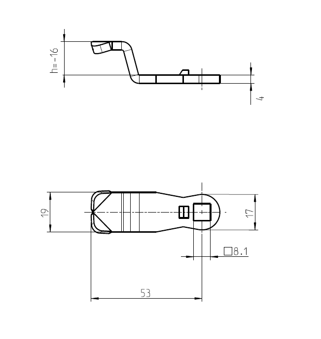 Tunge, standard, stål, L=53, B=19, offset højde=-16 mm