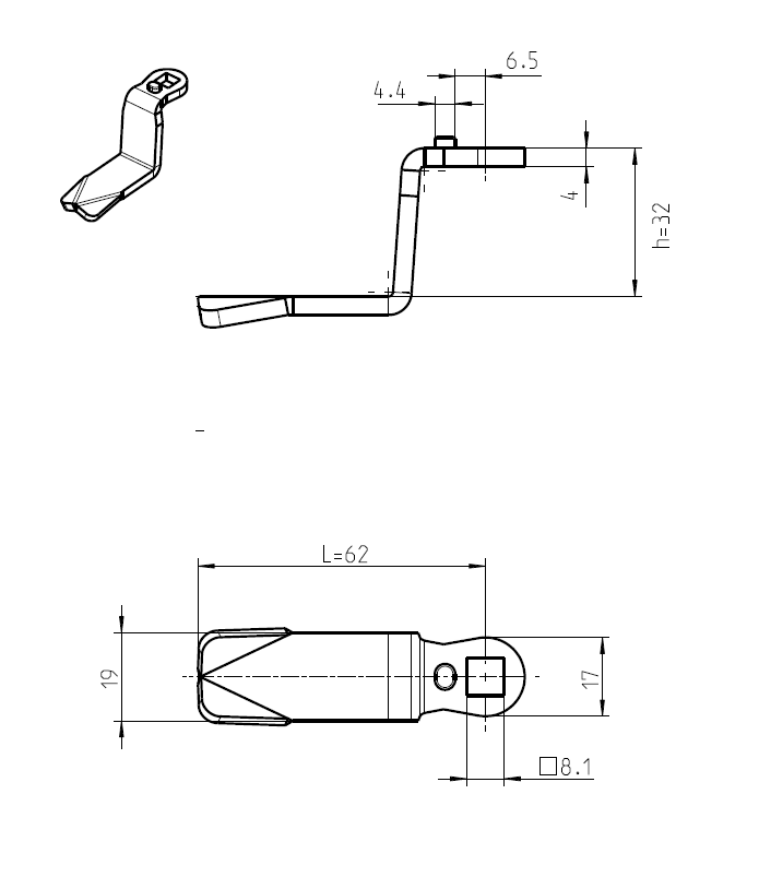 Tunge, standard, stål, L=62, B=19, offset højde=32 mm
