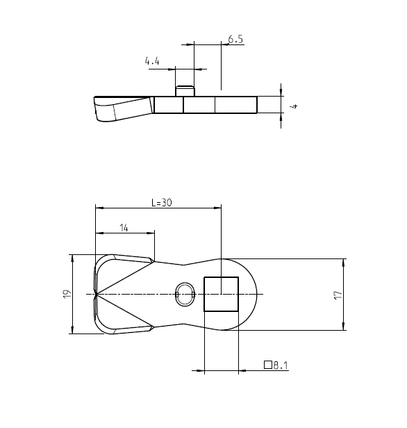 Tunge, standard, stål, L=30, B=19, offset højde=0 mm