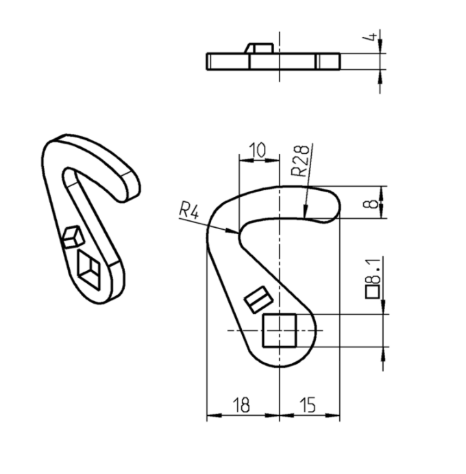 Tunge, krog, stål, L=36, B=18, offset højde=0 mm