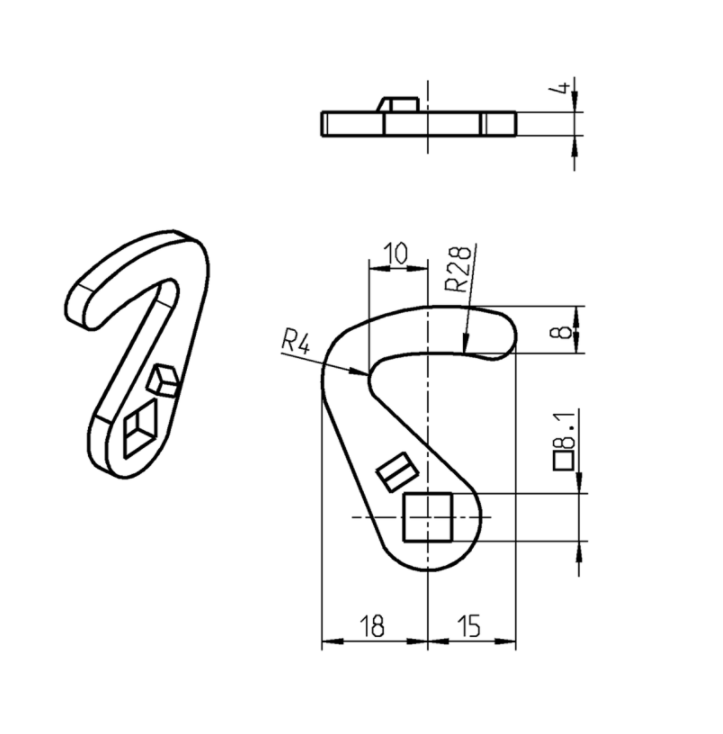 Tunge, krog, stål, L=36, B=18, offset højde=0 mm