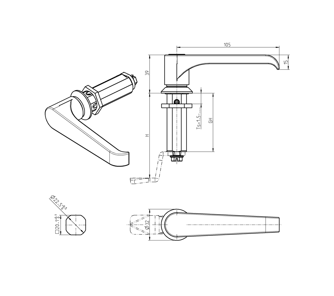 Låsehus med l-greb, uden lås, trykstøbt zink, L=105mm, GH=40mm, pladetykkelse=1,5-30mm