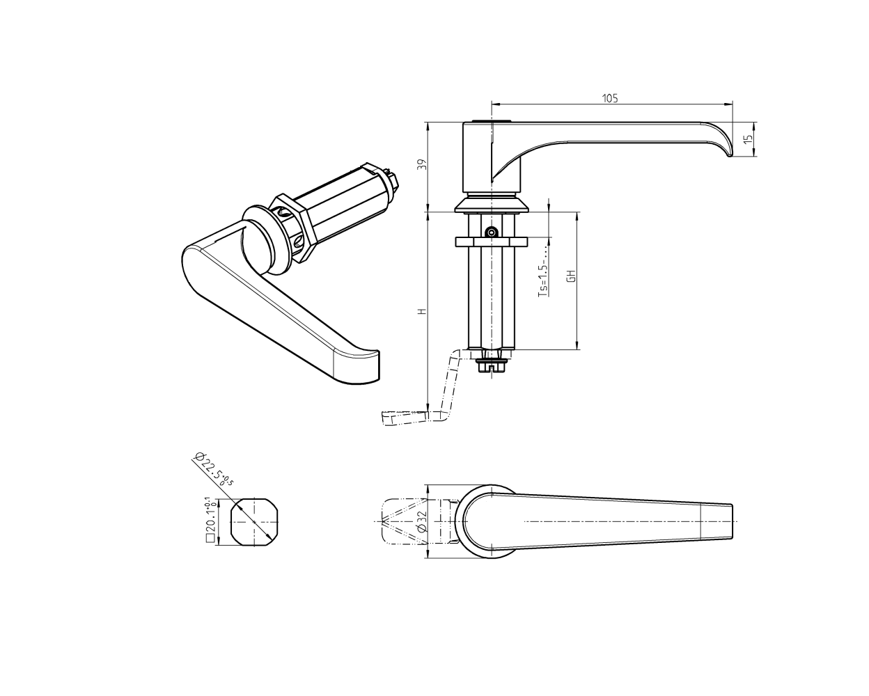 Låsehus med l-greb, uden lås, trykstøbt zink, L=105mm, GH=40mm, pladetykkelse=1,5-30mm