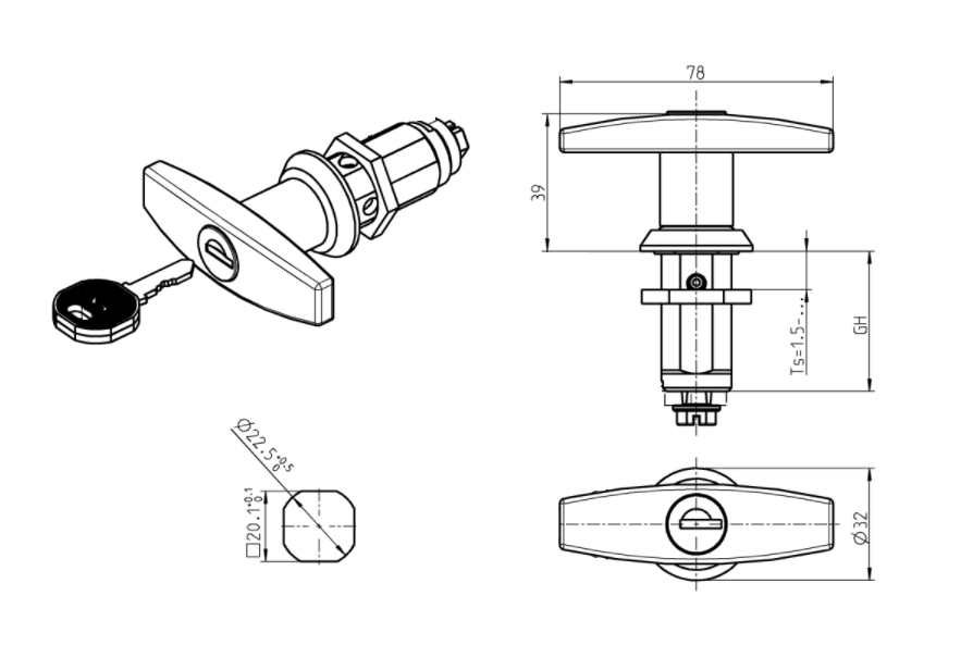 Låsehus med t-greb, enslåsende ek333, syrefast stål, L=78mm, GH=18mm, pladetykkelse=1,5-8mm