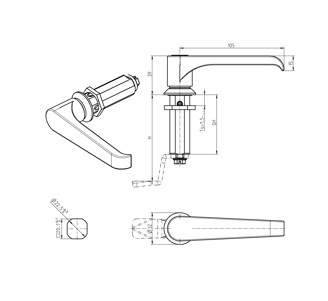 Låsehus med l-greb, uden lås, trykstøbt zink, L=105mm, GH=50mm, pladetykkelse=1,5-40mm