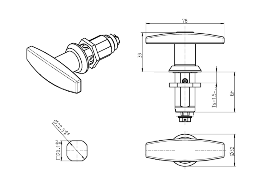 Låsehus med t-greb, uden lås, trykstøbt zink, L=78mm, GH=30mm, pladetykkelse=1,5-20mm