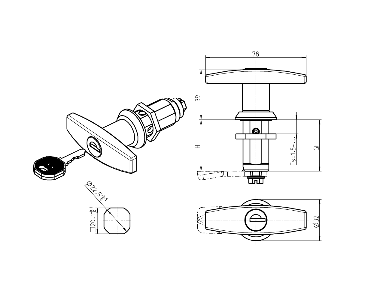 Låsehus med t-greb, enslåsende ek333, trykstøbt zink, L=78mm, GH=30mm, pladetykkelse=1,5-20mm