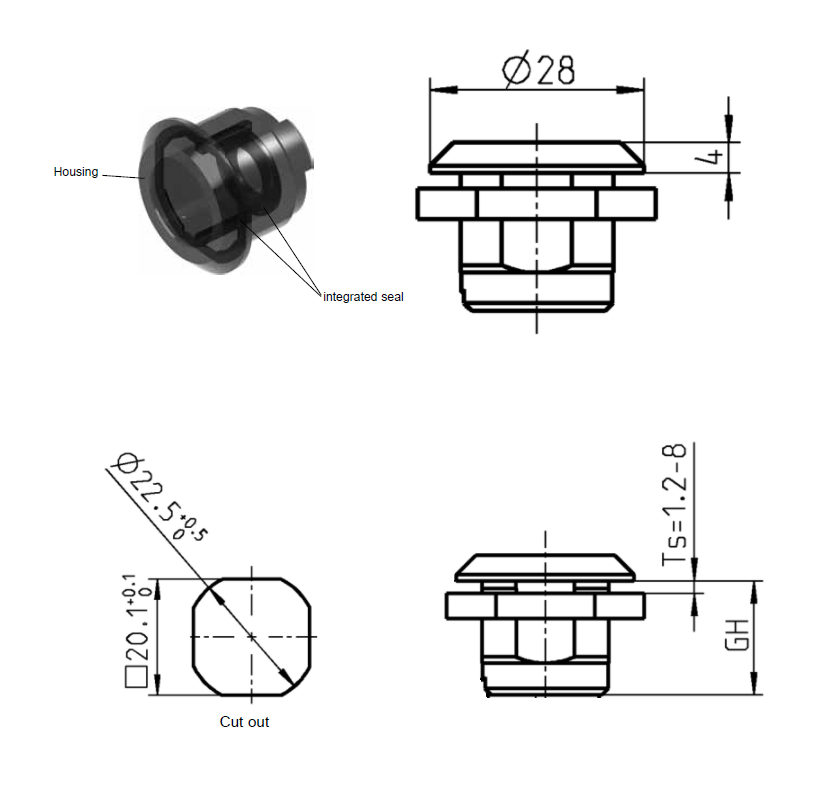 Låsehus, standard, glasfiberforstærket polyamid, D=28, GH=18, pladetykkelse=1,2-8 mm