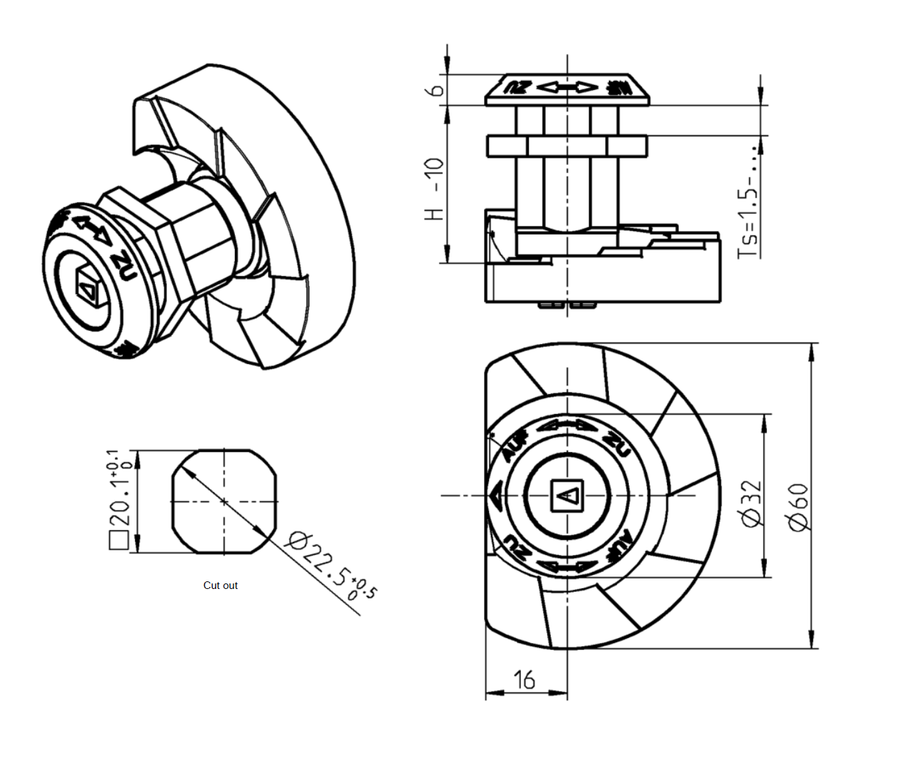 Låsehus, standard, trykstøbt zink, D=32, GH=18, pladetykkelse=1,5-8 mm