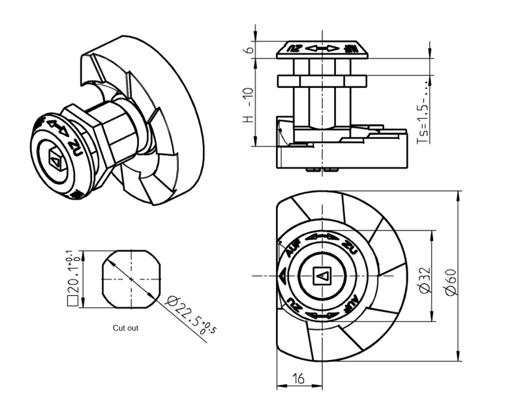 Låsehus, standard, trykstøbt zink, D=32, GH=30, pladetykkelse=1,5-20 mm