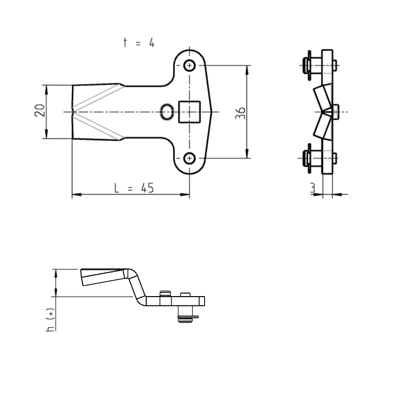 Tunge, stangtræk, stål, L=45, B=20, offset højde=-12 mm