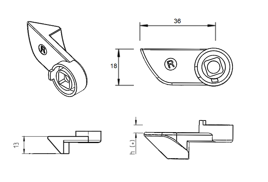 Tunge, til smæklås, trykstøbt zink, L=36, B=18, offset højde=4 mm