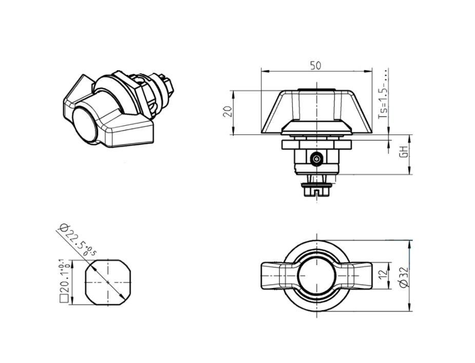 Låsehus med vingegreb, uden lås, trykstøbt zink, L=50mm, GH=18mm, pladetykkelse=1,5-8mm