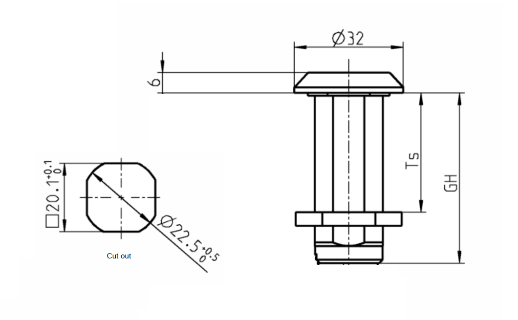 Låsehus, standard, trykstøbt zink, D=32, GH=36, pladetykkelse=1,5-26 mm