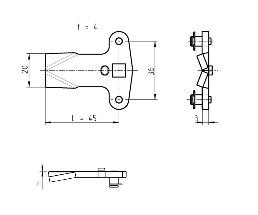 Tunge, stangtræk, stål, L=45, B=20, offset højde=0 mm