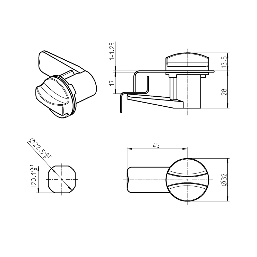 Komplet tungelås, D=32mm, L=45mm, GH=28mm, glasfiberforstærket polyamid, pladetykkelse=1-1,25 mm