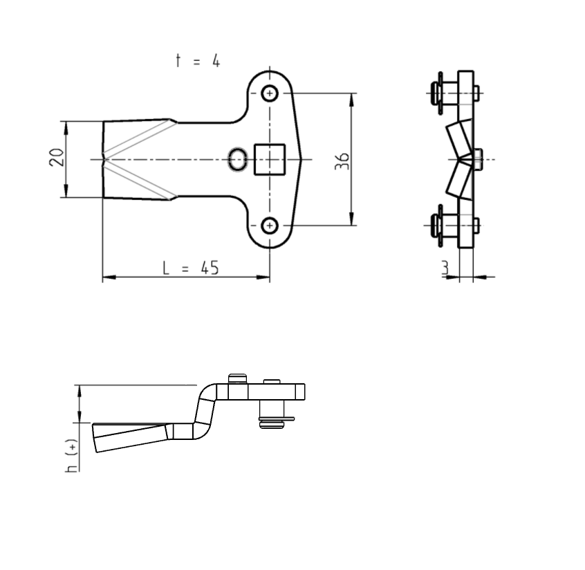 Tunge, stangtræk, stål, L=45, B=20, offset højde=17 mm