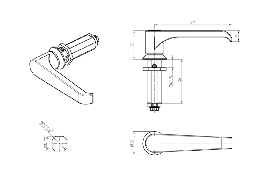 Låsehus med l-greb, uden lås, trykstøbt zink, L=105mm, GH=50mm, pladetykkelse=1,5-40mm