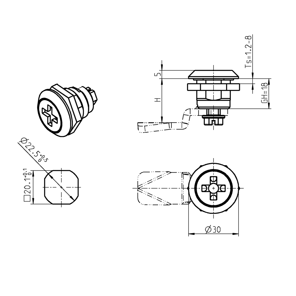 Låsehus med indsats, fiat, uden lås, trykstøbt zink, L=mm, GH=18mm, pladetykkelse=1,2-8mm