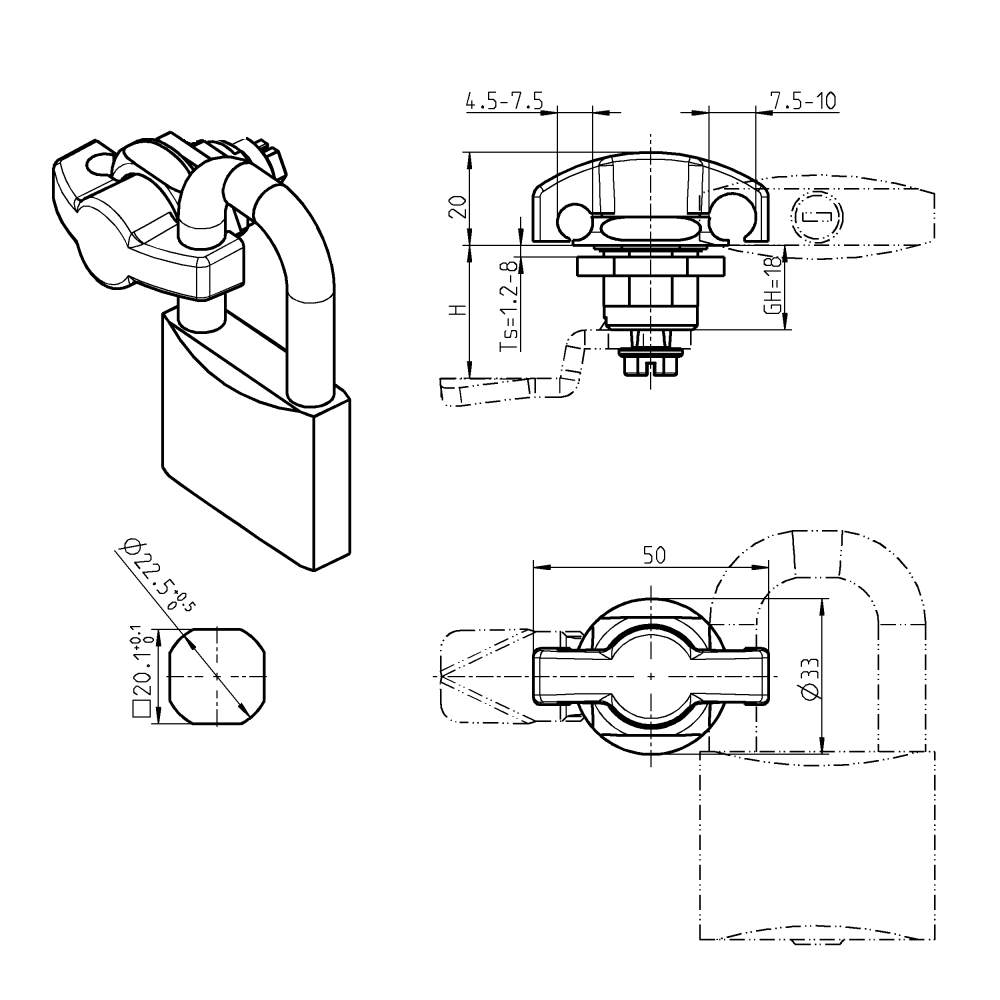 Låsehus med vingegreb, hængelås, trykstøbt zink, L=50mm, GH=18mm, pladetykkelse=1,2-8mm