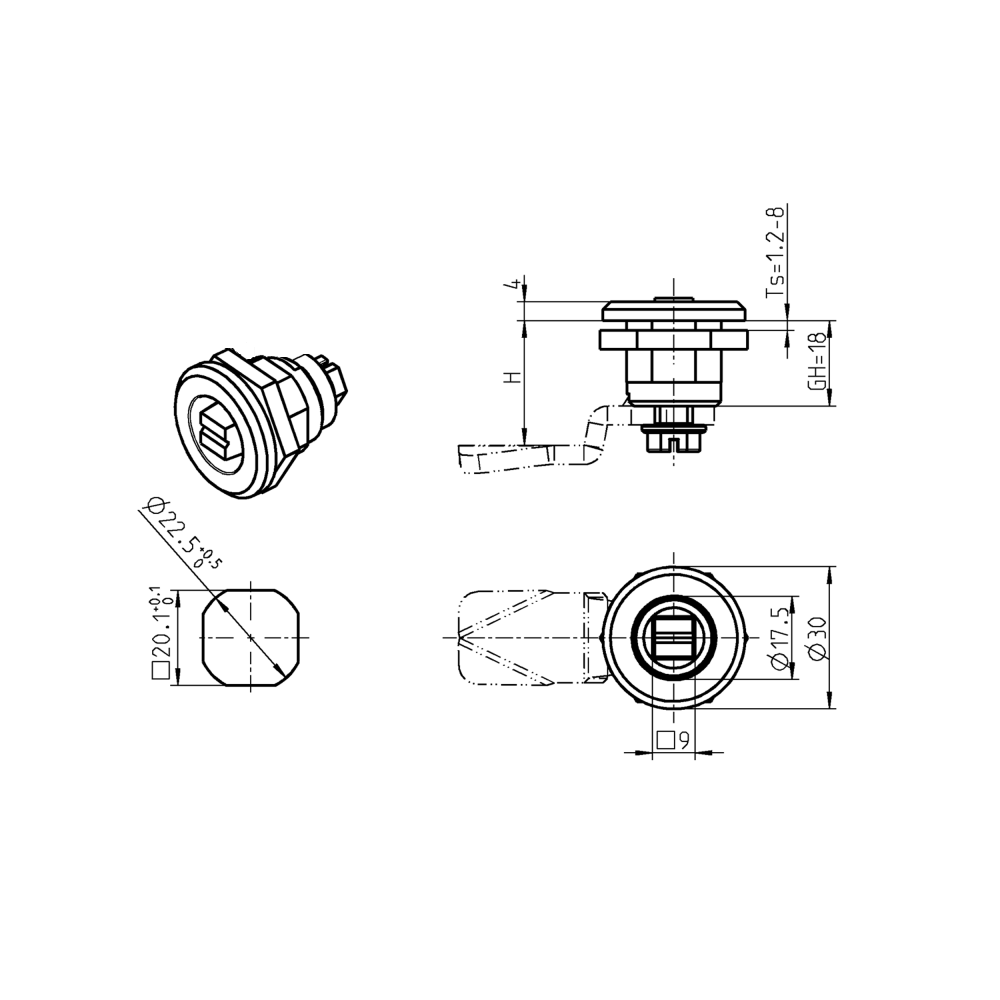 Låsehus med indsats, tog standard, uden lås, trykstøbt zink, L=mm, GH=18mm, pladetykkelse=1,2-8mm