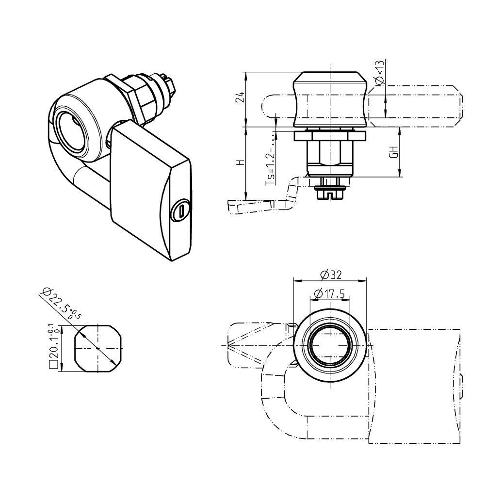 Låsehus, hængelås, trykstøbt zink, D=32, GH=22, pladetykkelse=1,2-13 mm