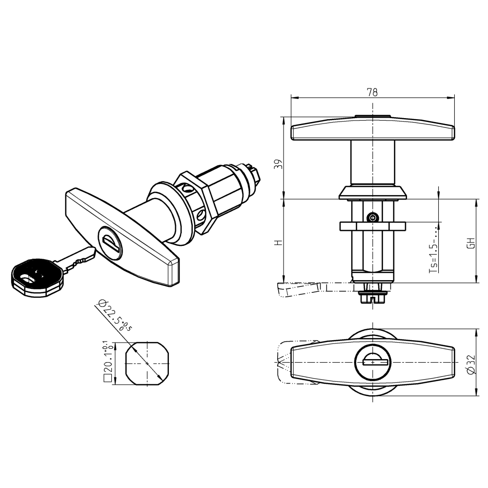 Låsehus med t-greb, forskellig låsende, trykstøbt zink, L=78mm, GH=50mm, pladetykkelse=1,5-40mm