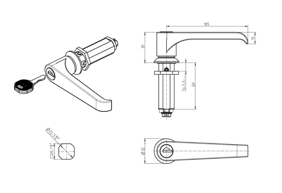 Låsehus med l-greb, enslåsende ek333, trykstøbt zink, L=105mm, GH=18mm, pladetykkelse=1,5-8mm