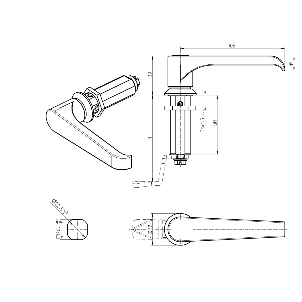 Låsehus med l-greb, uden lås, trykstøbt zink, L=105mm, GH=60mm, pladetykkelse=1,5-50mm