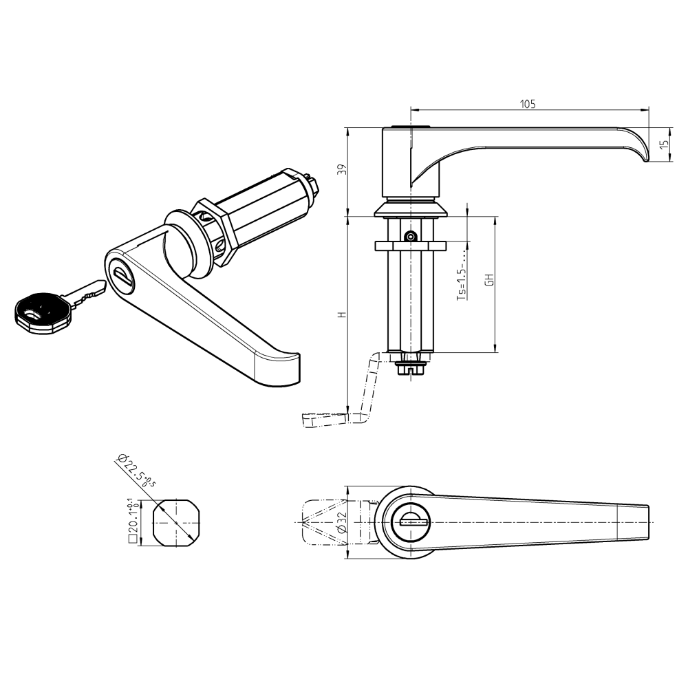 Låsehus med l-greb, forskellig låsende, trykstøbt zink, L=105mm, GH=60mm, pladetykkelse=1,5-50mm