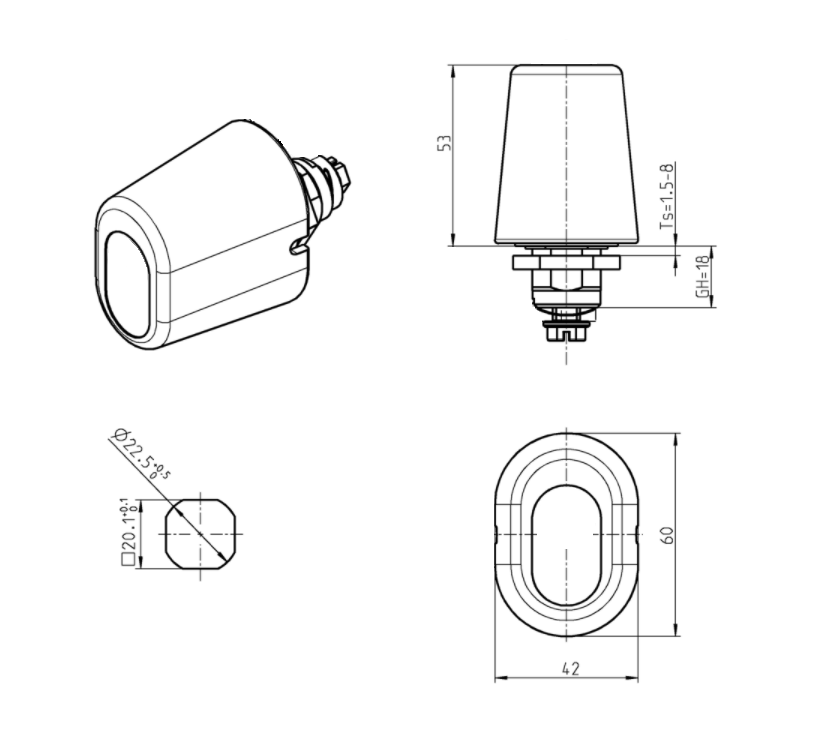 Låsehus med vingegreb, uden lås, trykstøbt zink, L=60mm, GH=18mm, pladetykkelse=1,5-8mm