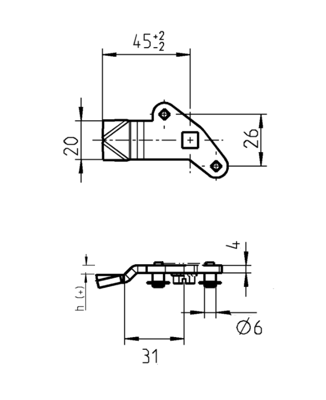 Tunge, stangtræk, stål, L=45, B=20, offset højde=11 mm