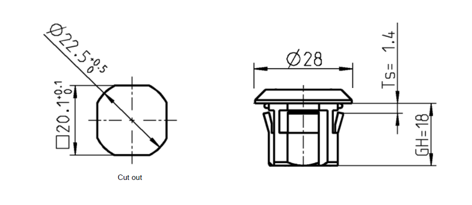 Låsehus, standard, polyamid, D=28, GH=18, pladetykkelse=1,4-1,4 mm