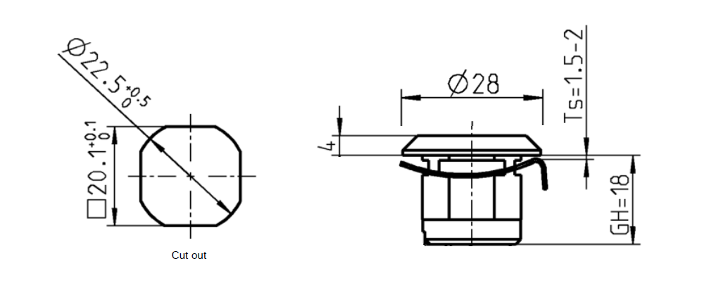 Låsehus, standard, glasfiberforstærket polyamid, D=28, GH=18, pladetykkelse=1,5-2 mm
