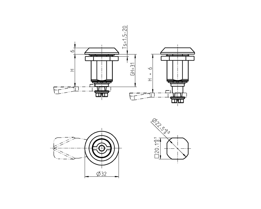 Kompressionslås, indsats 90°, syrefast stål, DIN 3, vandring=6mm, ikke justerbar, pladetykkelse=1,5-20mm