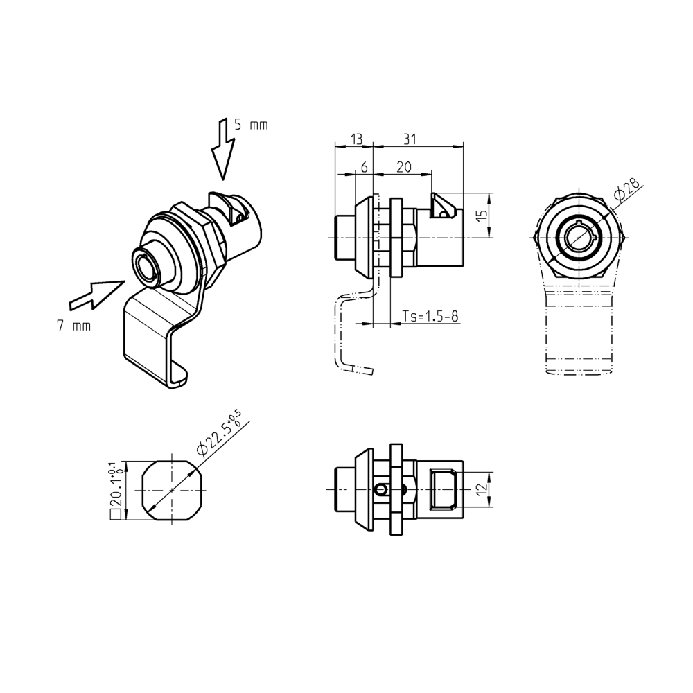 Smæklås, trykstøbt zink, møtrik, længde=15, bredde=12, højde=13