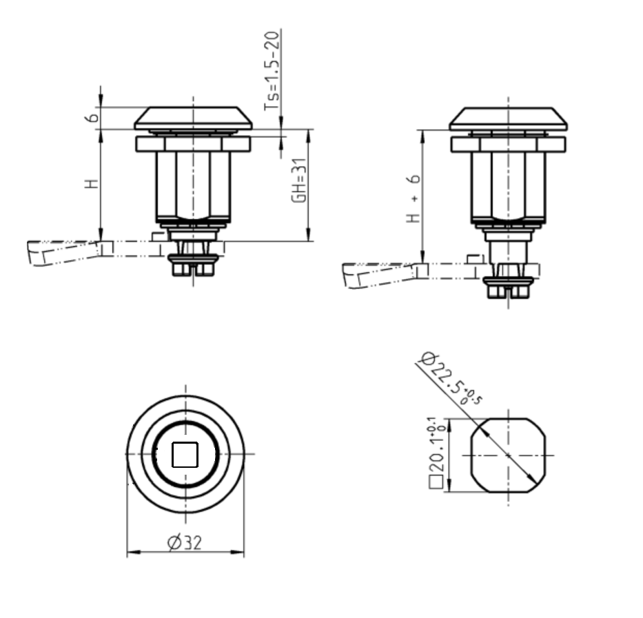 Kompressionslås, indsats 90°, trykstøbt zink, Firkant 8, vandring=6mm, ikke justerbar, pladetykkelse=1,5-20mm
