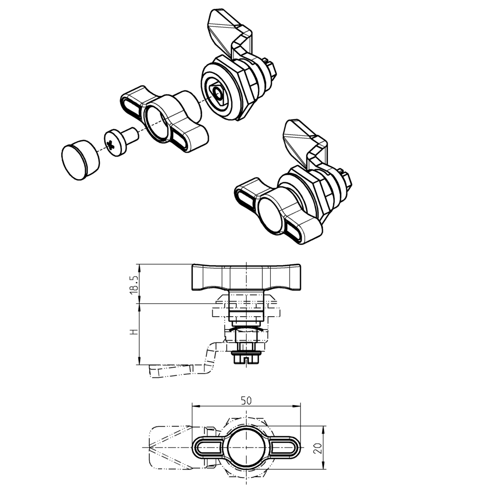Vingegreb, glasfiberforstærket polyamid, firkant 8 med m6 gevind, H=18,5