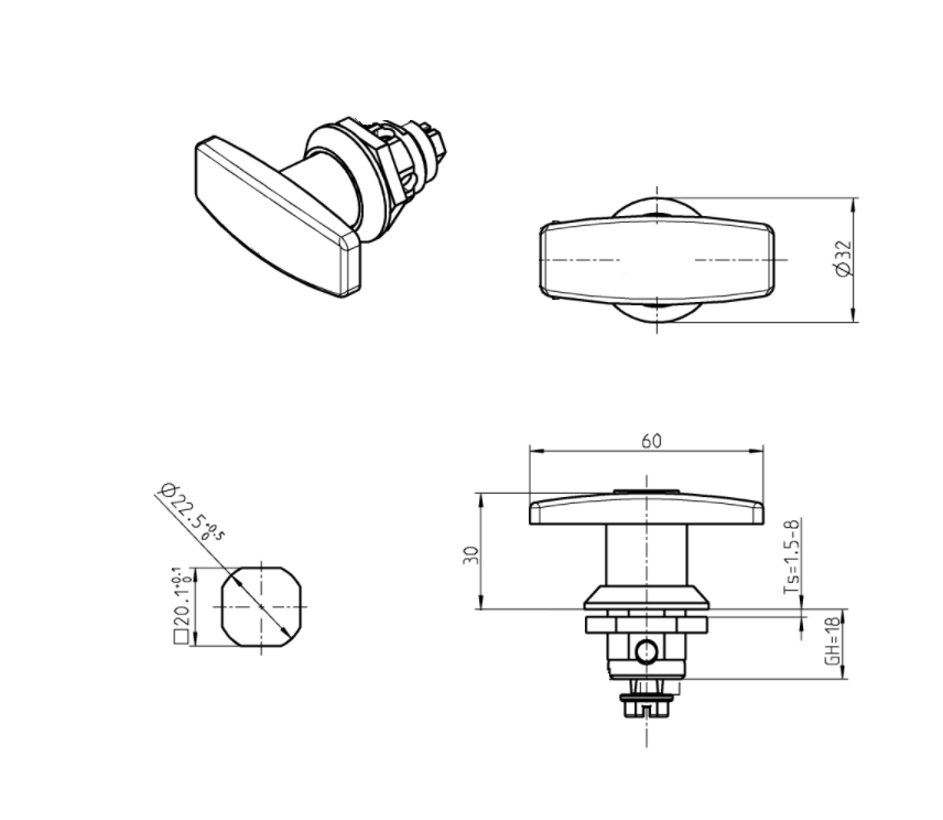 Låsehus med t-greb, uden lås, trykstøbt zink, L=60mm, GH=18mm, pladetykkelse=1,5-8mm
