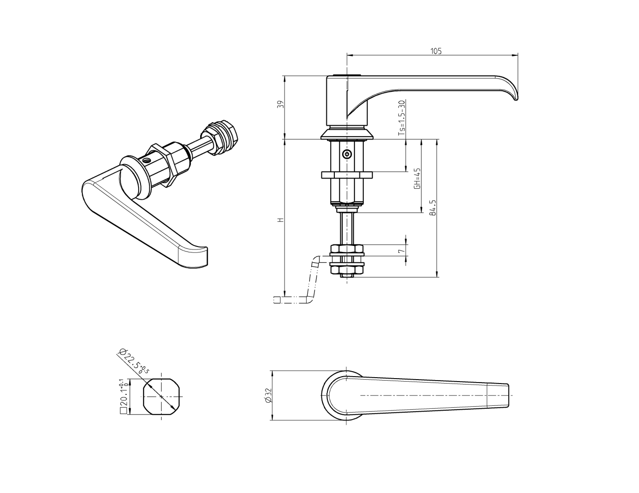 Kompressionslås, håndgreb 90°, trykstøbt zink, L-greb, vandring=6mm, justerbar, pladetykkelse=1,5-30mm