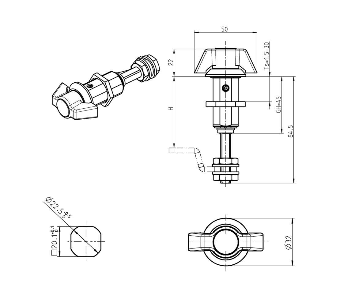Kompressionslås, håndgreb 90°, trykstøbt zink, Vingegreb, vandring=6mm, justerbar, pladetykkelse=1,5-30mm