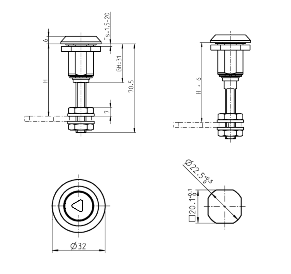 Kompressionslås, indsats 90°, trykstøbt zink, Trekant 7, vandring=6mm, justerbar, pladetykkelse=1,5-20mm